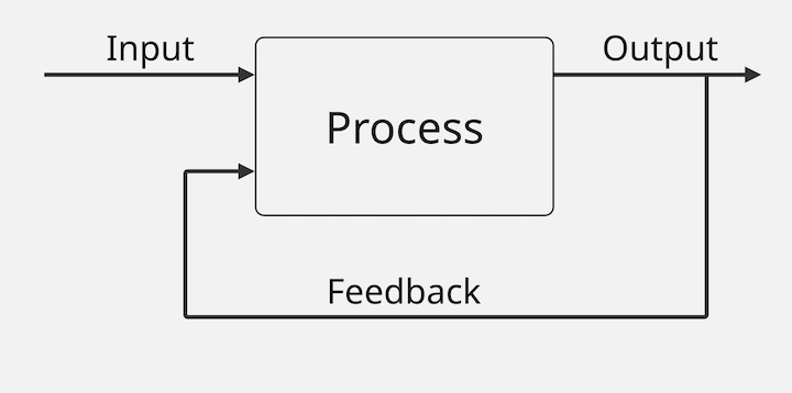 Diagram illustrating a system view of feedback. An arrow labeled "Input" leads into a box labeled "Process". A line labeled "Output" comes out of the "Process" box. A line labeled "Feedback" comes out of the "Output" line and loops back around into the Process box as a separate input.