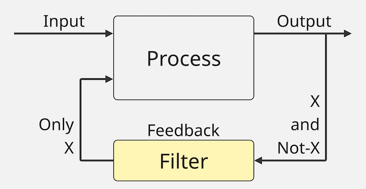 Diagram illustrating filtered feedback. An arrow labeled "Input" leads into a box labeled "Process". A line labeled "Output" comes out of the "Process" box. A line labeled "X and Not-X" comes out of the "Output" line and leads into a box labeled "Filter". A line labeled "Only X" leads out of the "Filter" box into the Process box as a separate input.